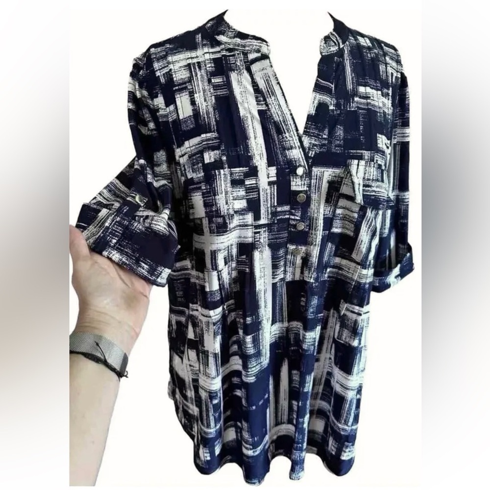 COCOMO 2X Blue White Plus Size elbow sleeve women's Blouse top tun… - Picture 4 of 10